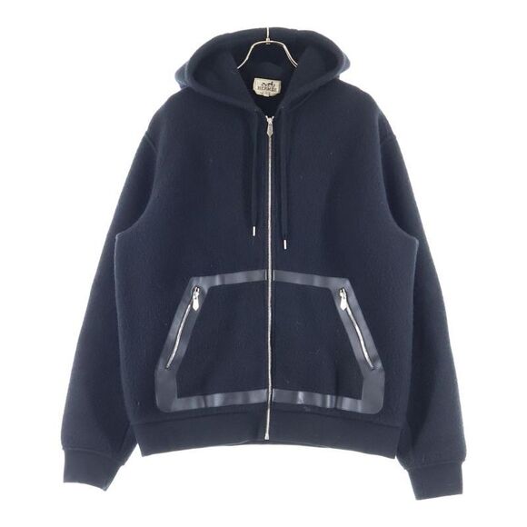 Hermes 22AW Leather Piping Cashmere Zip-up Hooded Jacket Black